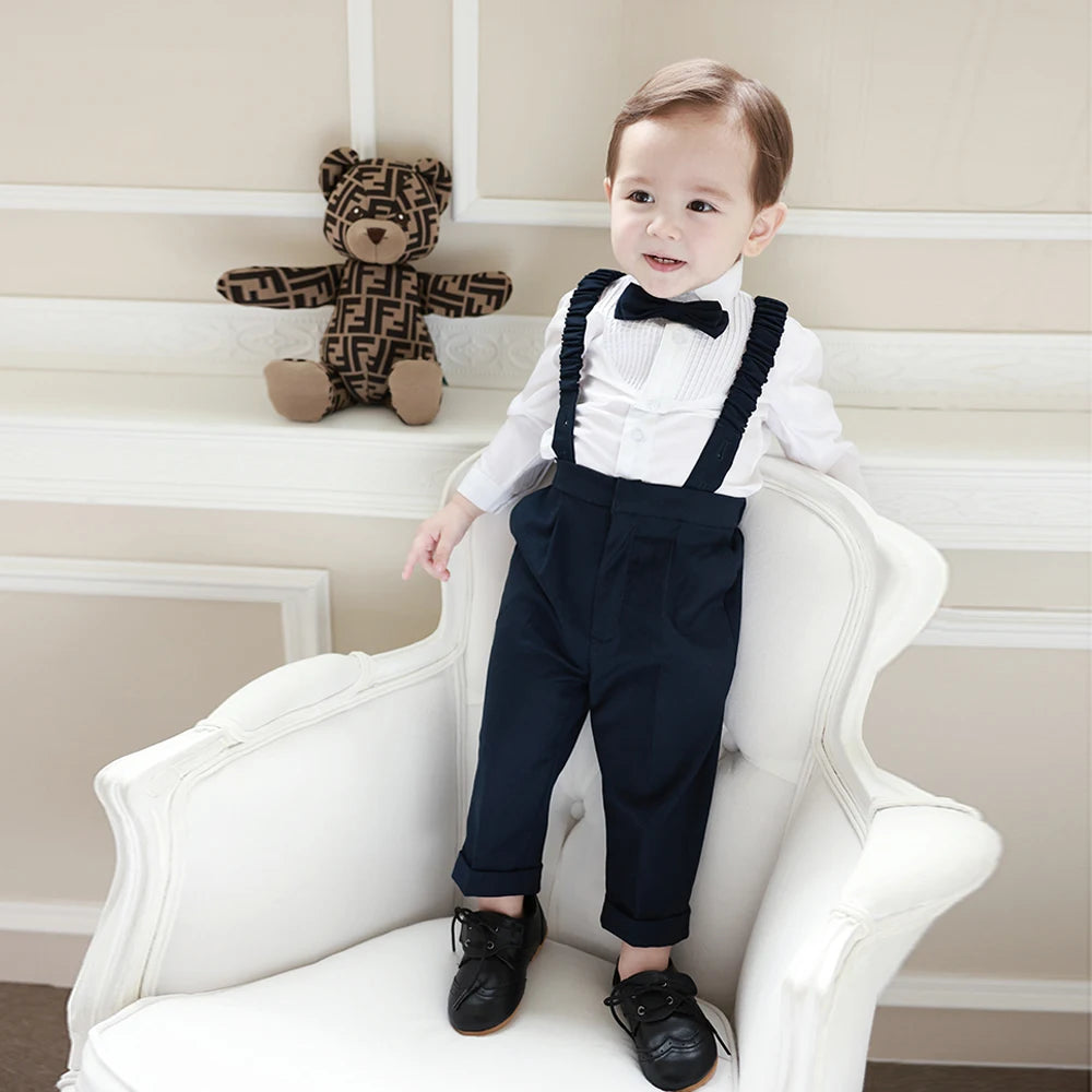Suit for Kids Wedding autumn and winter Lattice Jacket black Pants braces Boys Blazer Casual Clothes Baby 1-8 Years Outfit