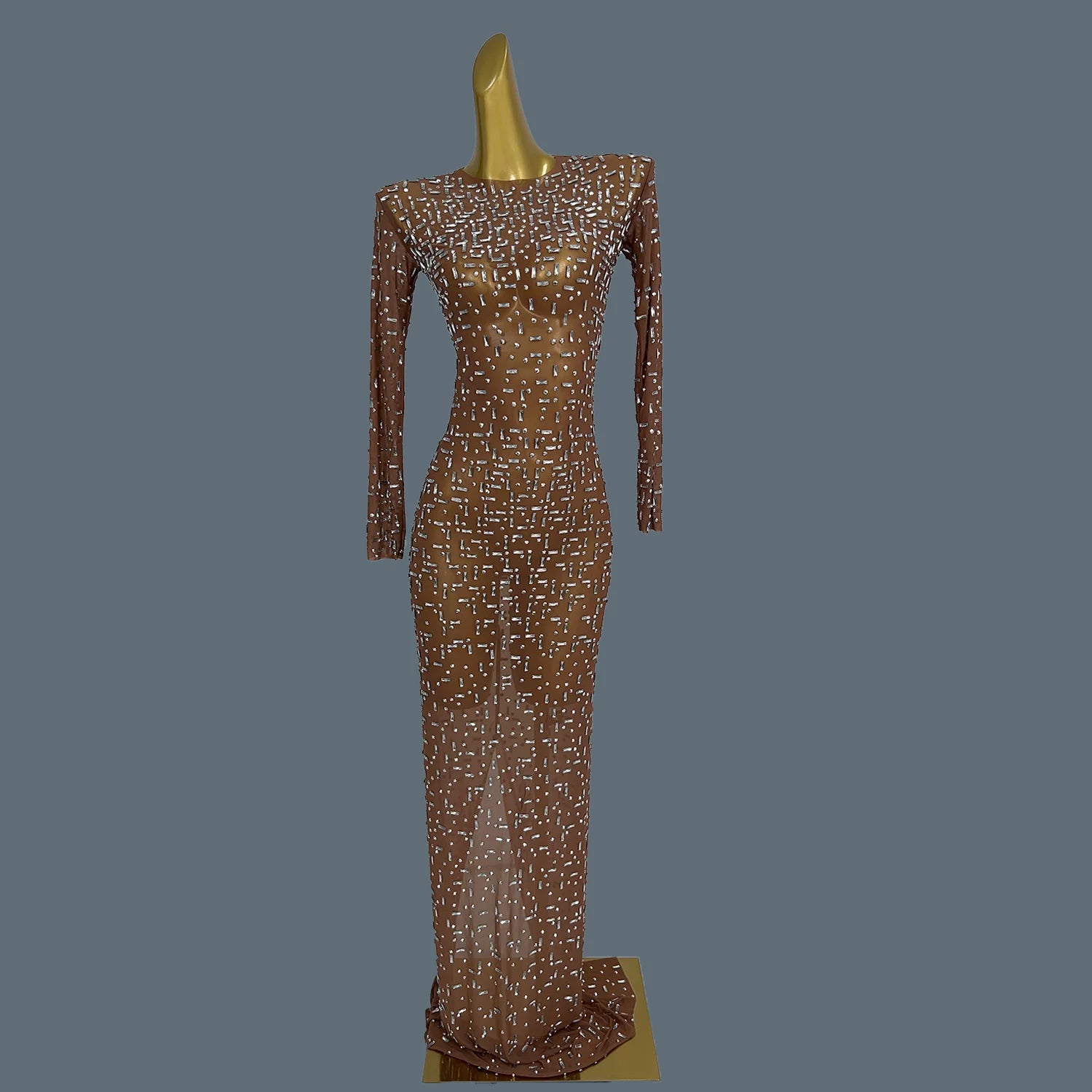 Women Elegant Sexy See Through Cocktail Dress Sparkly Full Rhinestones Long Sleeve Prom Evening Birthday Party Gown Bailian