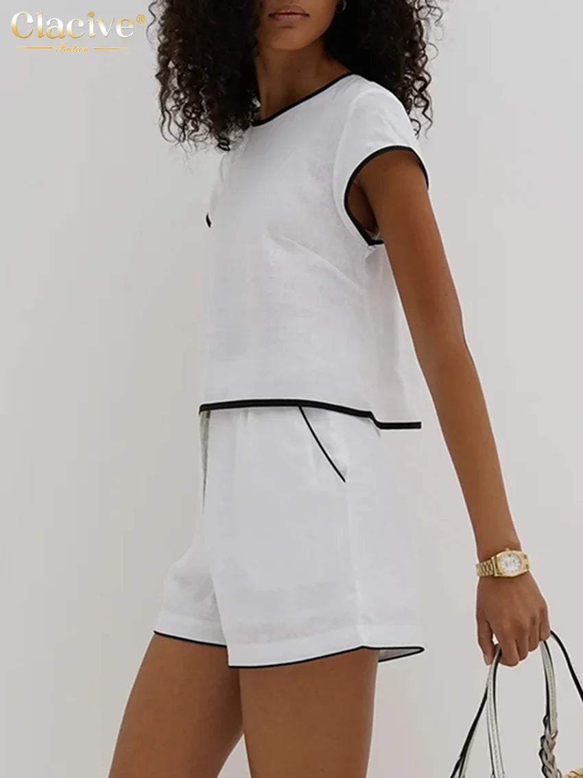 Clacive Casual Loose Blue Cotton 2 Piece Sets Women Outfit Elegant Short Sleeve Shirt With High Waist Shorts Set Female