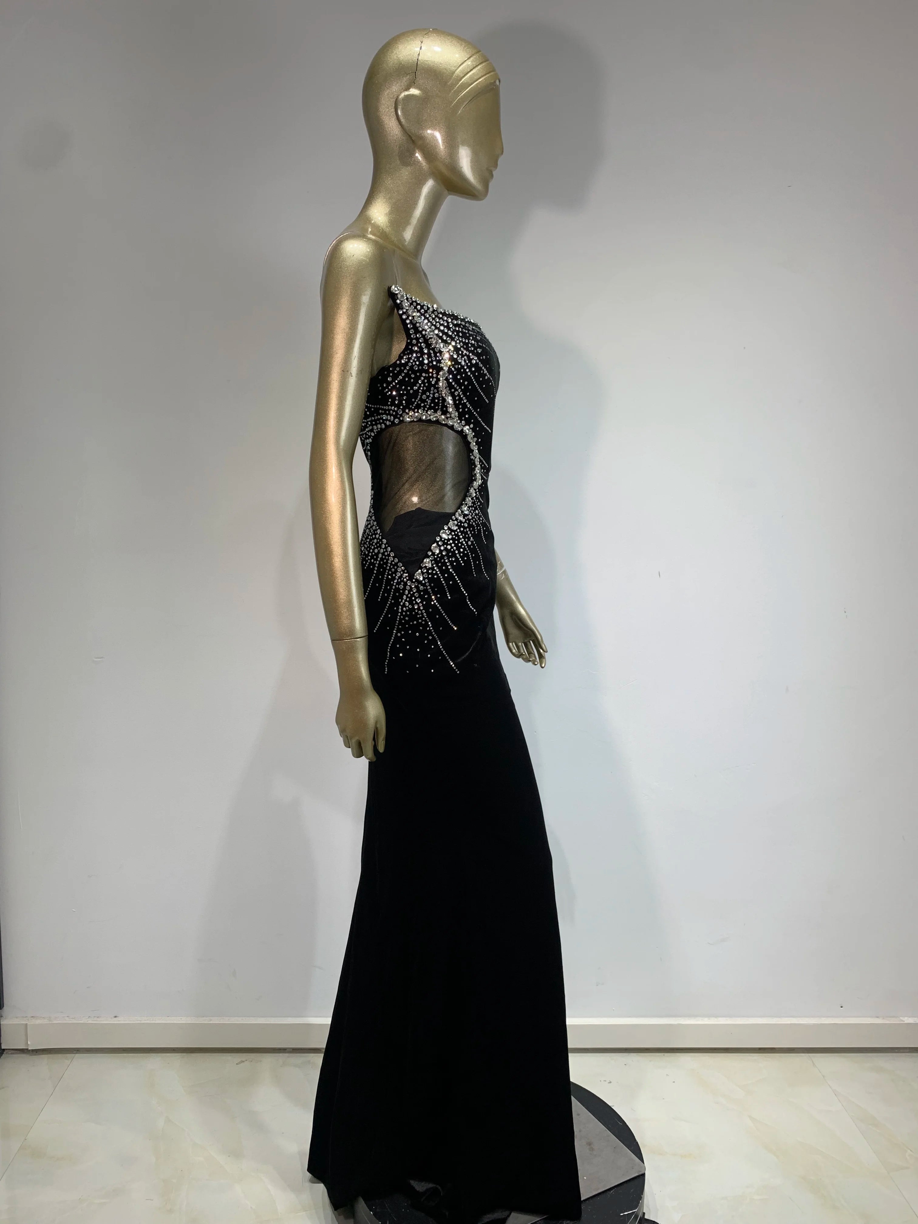 Women Luxury Sexy Strapless Diamonds Crystal Black Maxi Long Gowns Dress 2024 Elegant Evening Party Club Dress Vestido