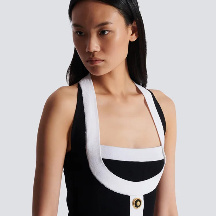 Women Celebrity Sexy Backless Halter Button Bodycon Black Mini Bandage Dress 2025 Elegant Evening Club Party Outfit