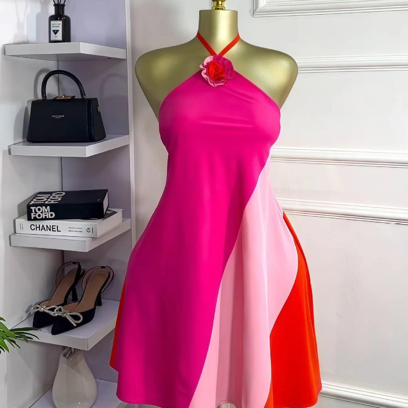 CM.YAYA Women Colorblock Halter Neck Backless Floral Applique A-line Mini Dress 2025 Summer Vacation Birthday Sexy Party Dresses Rose Red