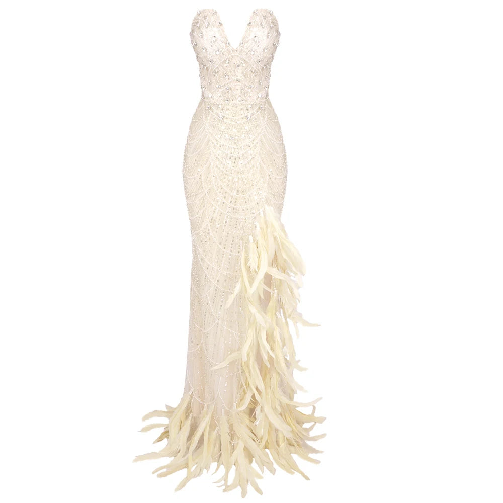 VC Nude Strapless Crystals Embellished Long Dress Sheath Low V Neck Sleeveless Feather High Side Slit Floor Length Evening  Gown