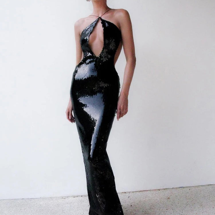 VC Women'S Luxury Party Dress Sexy Backless Black Sequins Long Dress For Special Events Female Clothing
