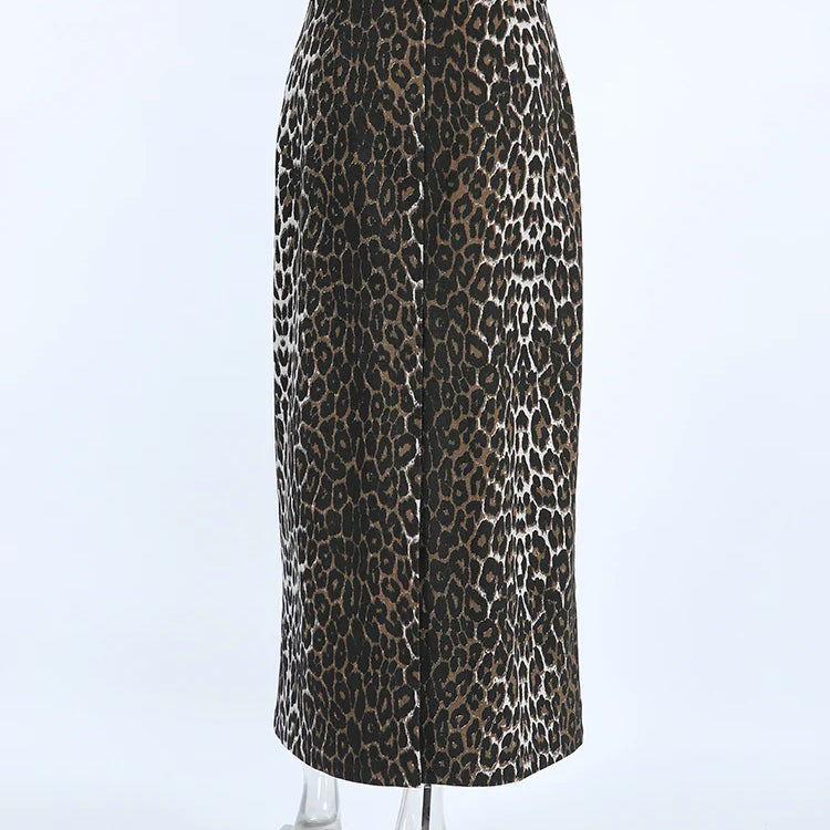Mnealways18 Vintage Leopard Print Straight Skirts Female Street Chic High Waist Long Skirt Summer Office Split Skirt Cotton