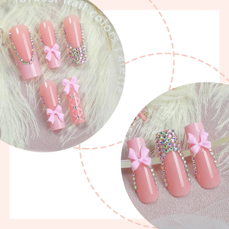 24Pcs Glamorous Long Ballerina False Nails Shimmering French Tips with 3D Pink Bow&Strap Details for Female Party Occasions Wear