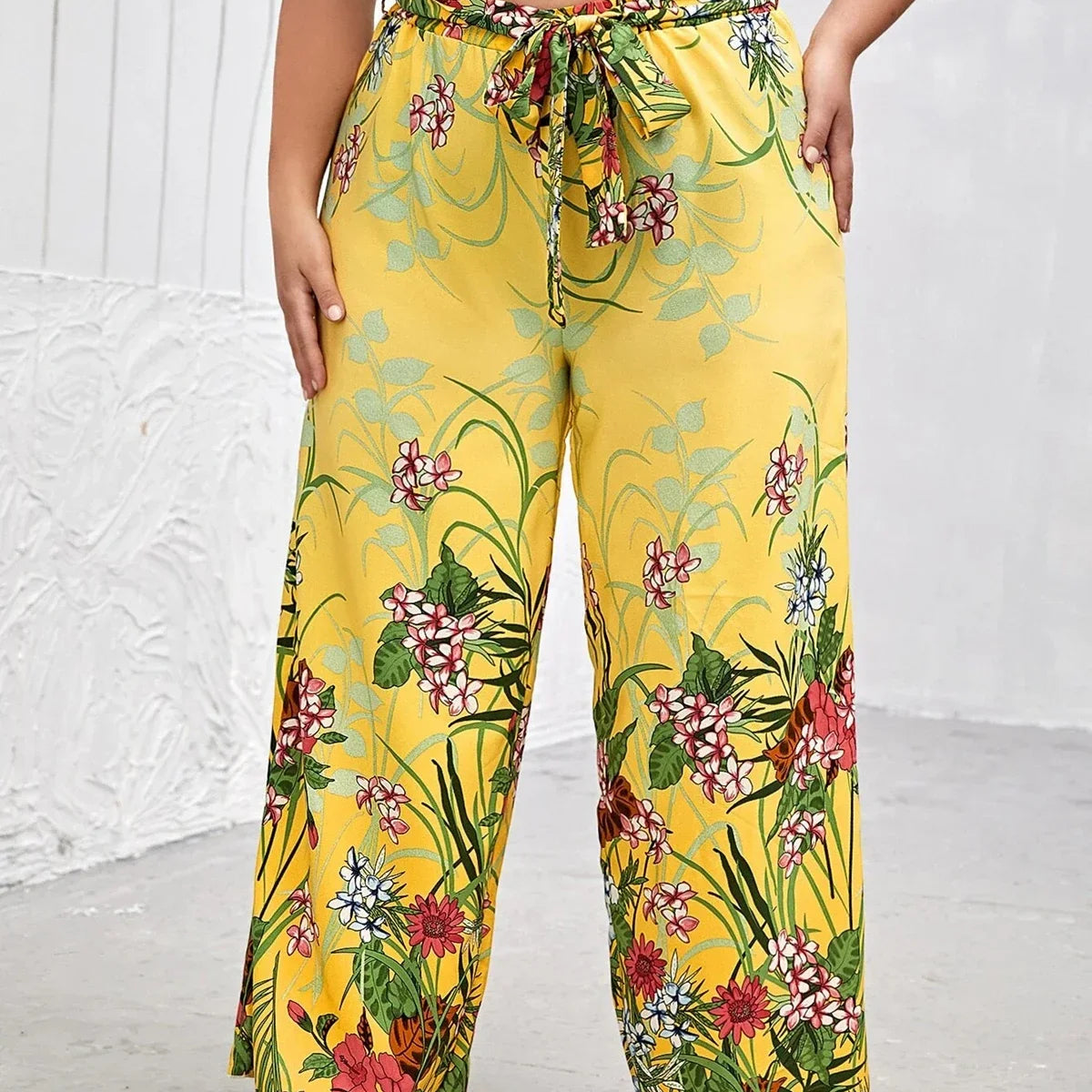 Plus Size Floral Print Summer Elegant Wide Leg Pants Elastic Waist Sashes Casual Yellow Boho Pants Trousers Large Size 6XL 7XL Yellow