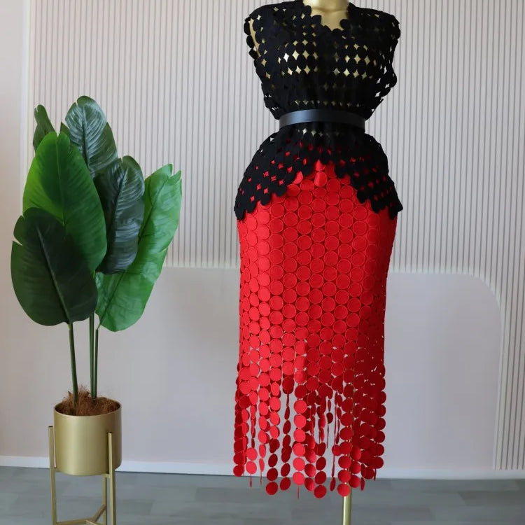 CM.YAYA Women Cutout O-neck Crop Top and Bodycon Midi Slim Maxi Long Skirt Suit 2025 Summer Vacation Sexy Two 2Piece Set Outfits black-red-belt One Size