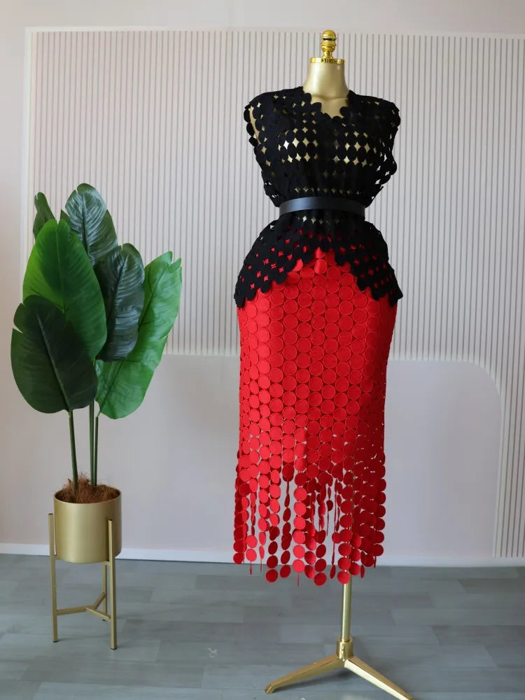 CM.YAYA Women Cutout O-neck Crop Top and Bodycon Midi Slim Maxi Long Skirt Suit 2025 Summer Vacation Sexy Two 2Piece Set Outfits black-red-belt One Size