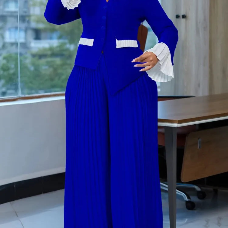 Plus Size Spring Autumn 2 Two Piece Set Women Slim Fashion Irregular Ladies Blouses Pleated Loose Wide Leg Woman Long Pant