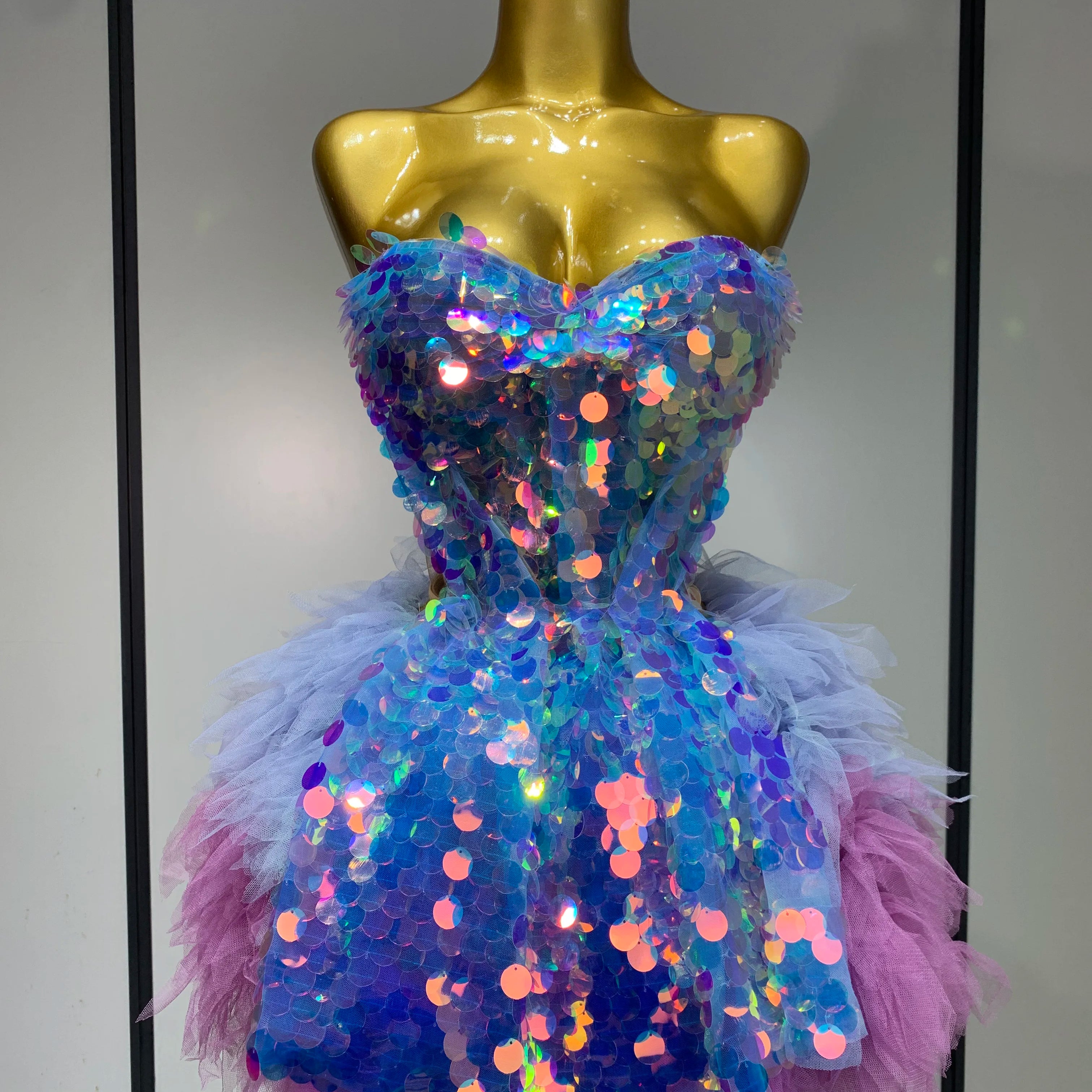 Sparkly Sequins Ruffles Two Pieces Set Sexy Backless Top Skirt Set Nightclub Performance Dance Dress Singer Stage Outfit
