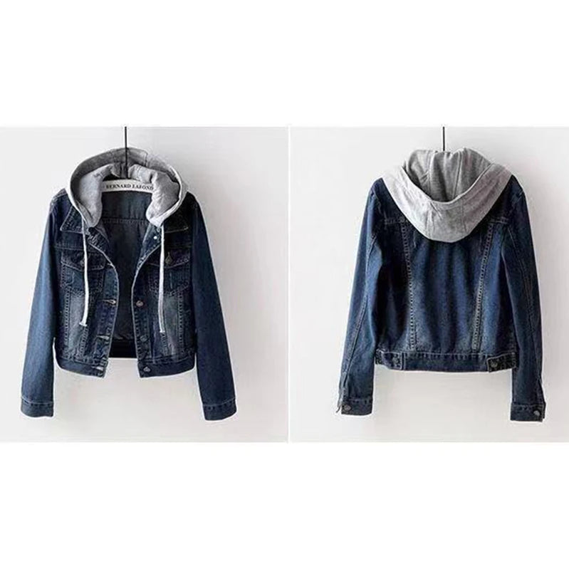 Denim Jacket Woman Hooded Short Style Clothing Retro Topcoat Pocket Buttons Long Sleeved Warm Tops Loose Fitting Autumn Winter
