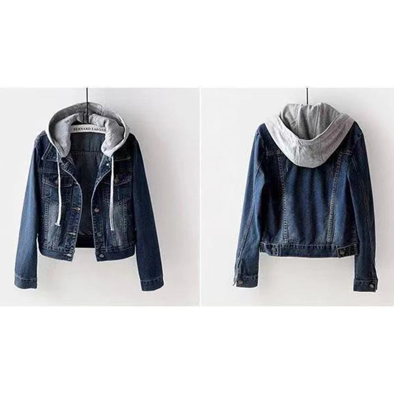 Denim Jacket Woman Hooded Short Style Clothing Retro Topcoat Pocket Buttons Long Sleeved Warm Tops Loose Fitting Autumn Winter