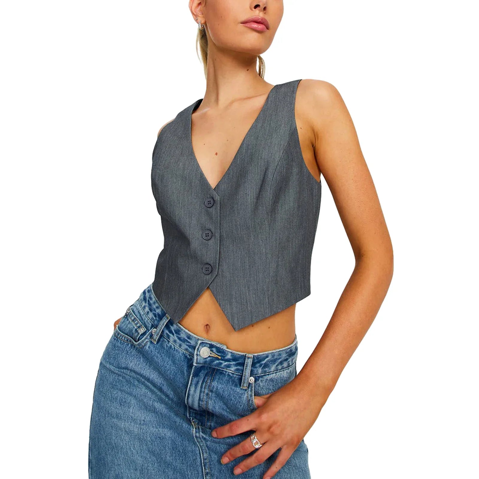 Women Vest Sleeveless V Neck Button Vest Solid Color Outwear Gilet for Casual Daily 05- Gray
