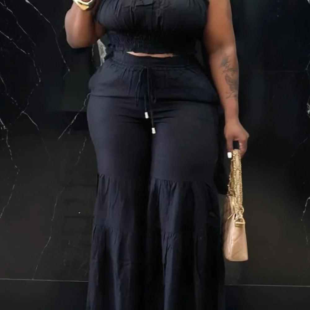 Plus Size Vacation Orange Casual Smocking Two Piece Pant Sets