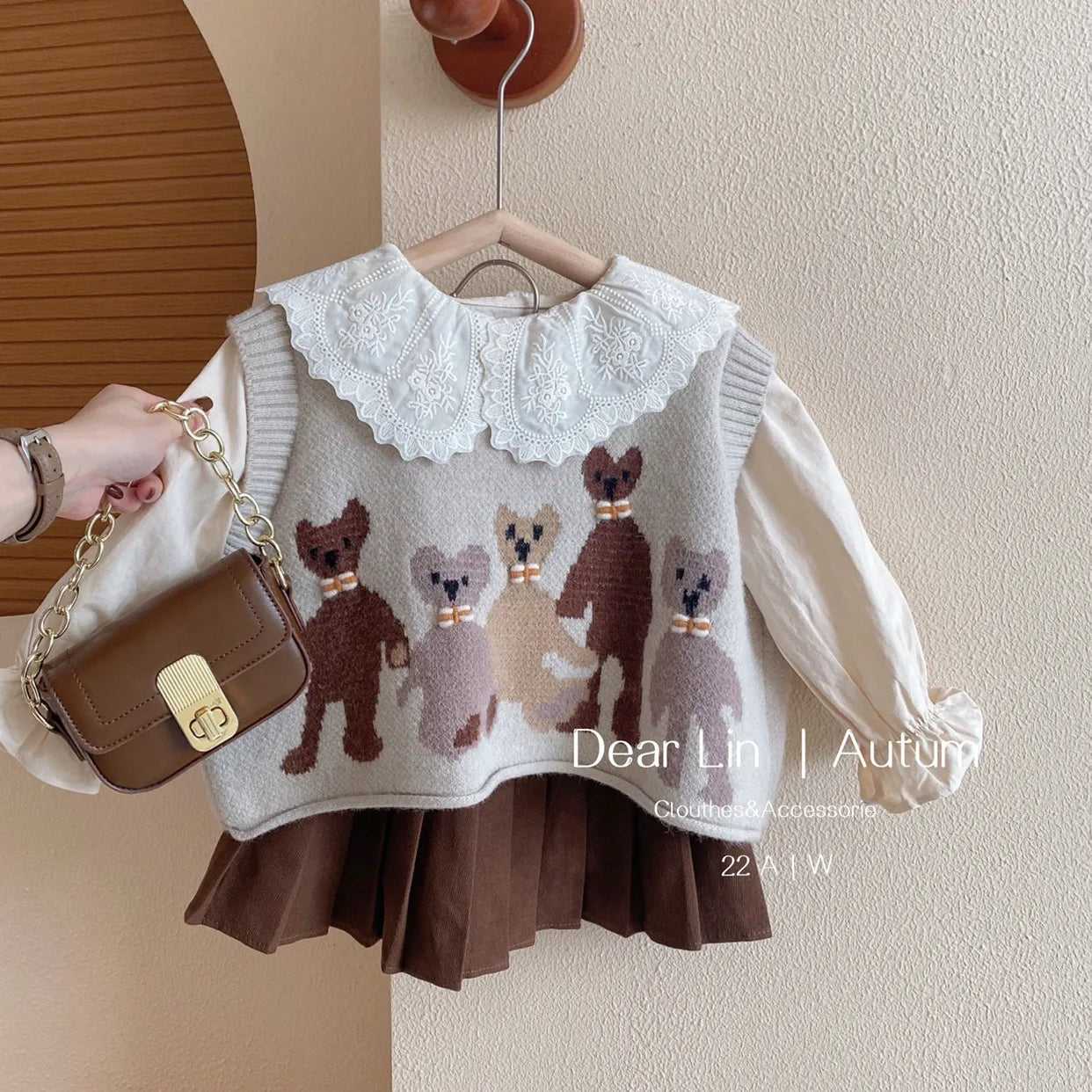 Girls Sweet Suits Autumn Outfit Baby College Spring Pleated Skirt+Sweater Vest+Shirt 3Pcs Sets Kids Khaki
