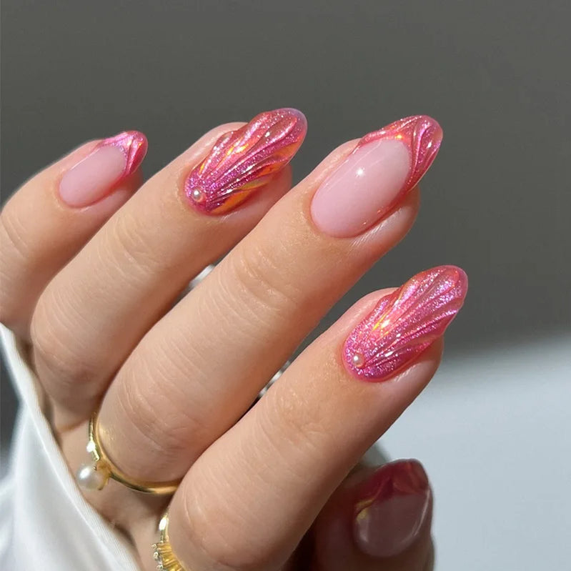24Pcs Mid-length French Almond Fake Nail with Shiny Powder Design False Nail Art 3D Shell Pattern Datachable Press on Nails Tips
