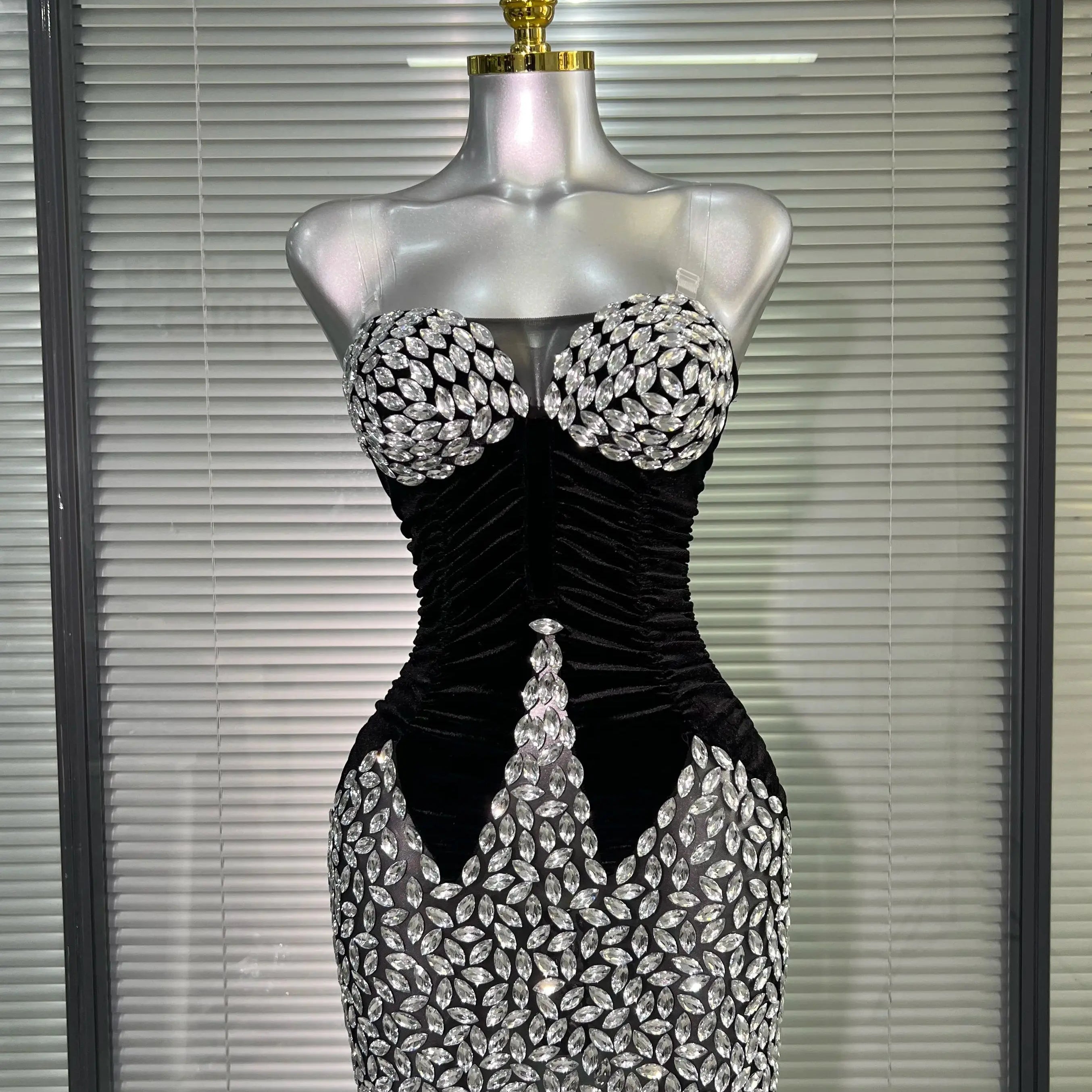 Women Sexy Mesh Crystal Diamonds Black Costume Stage Dancer Stretchy Night Club Strapless Mini Party Dress