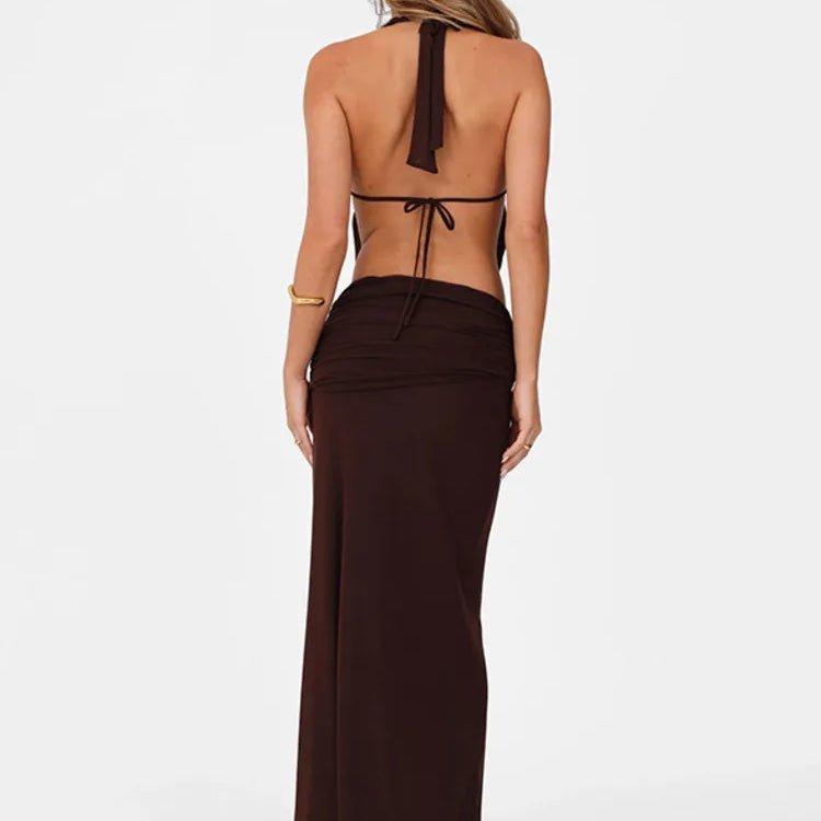 Hollow Out Lace-up Sexy Skirt 2 Piece Sets Women Brown Halter Crop Tops And Maxi Skirt Female Skinny Sexy Two Piece Set