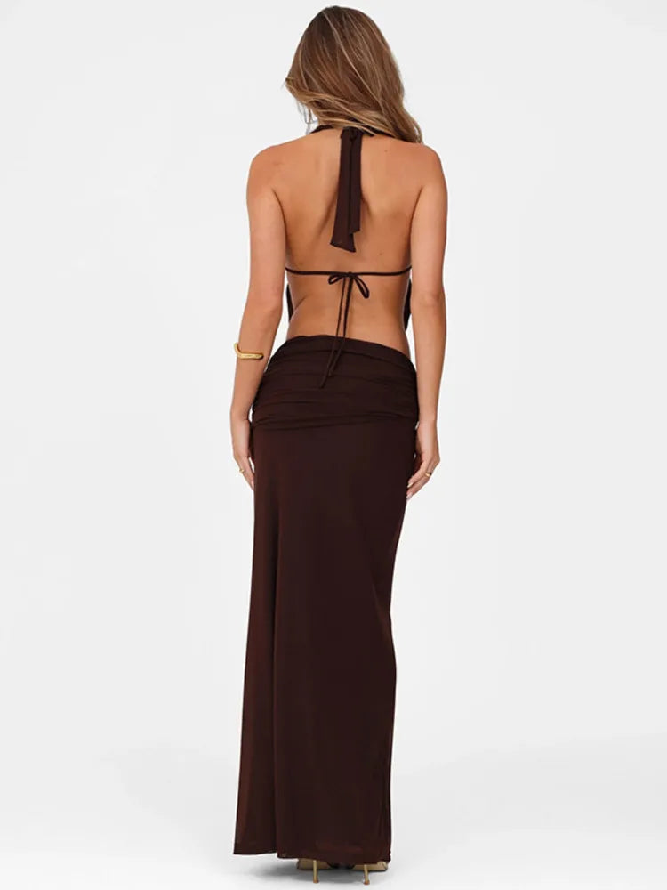 Hollow Out Lace-up Sexy Skirt 2 Piece Sets Women Brown Halter Crop Tops And Maxi Skirt Female Skinny Sexy Two Piece Set