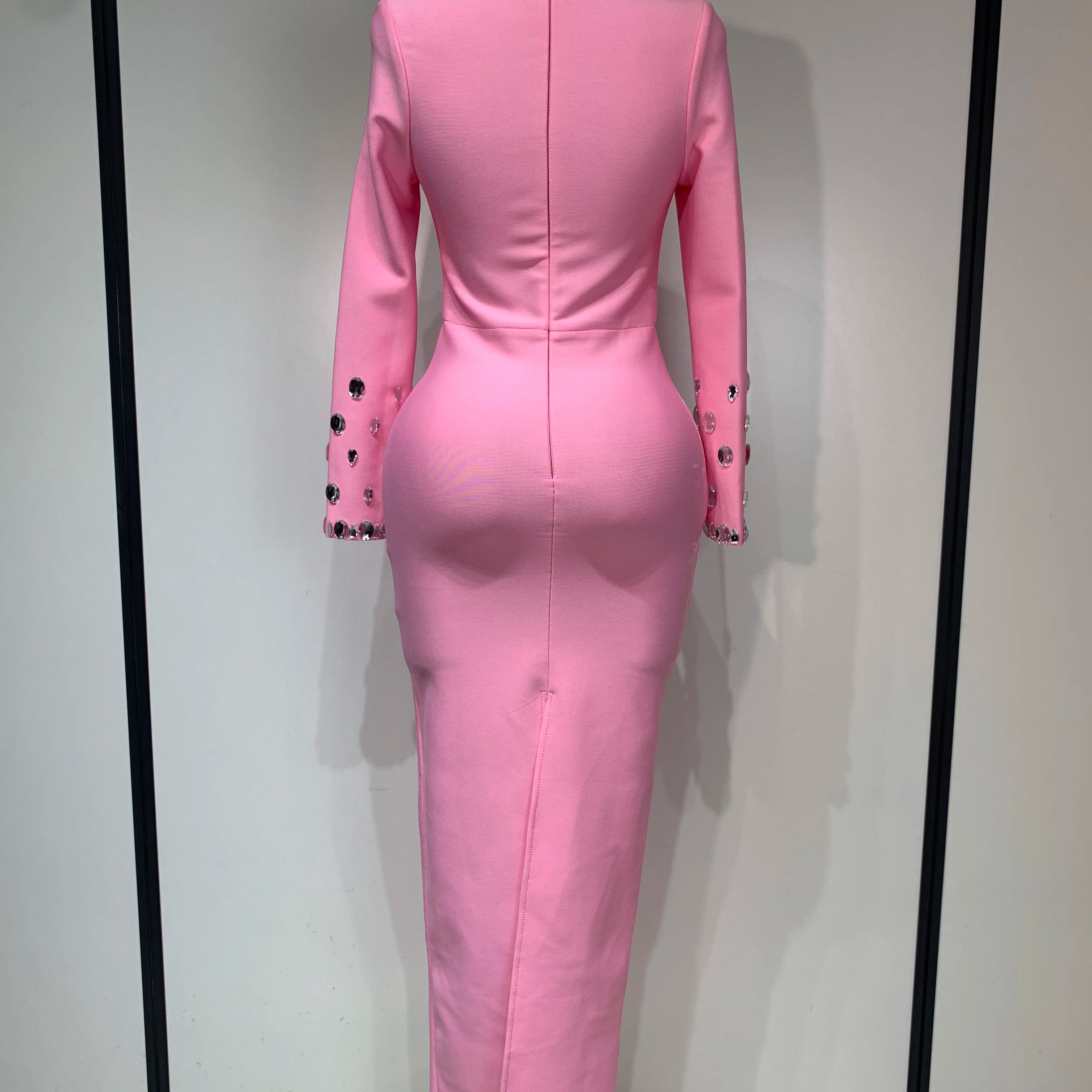 New Arrival 2025 Luxury Birthday Dresses Diamond Long Sleeve Pink Bodycon Bandage Dress Women Wedding Evening Prom Gowns