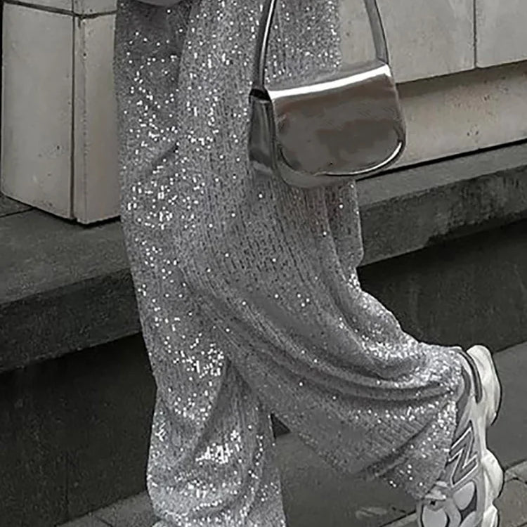 Loose Fit Elastic Waist Sequined Pants Casual Women Patchwork Silver Long Pants All Matching Femme Floor Length Pants