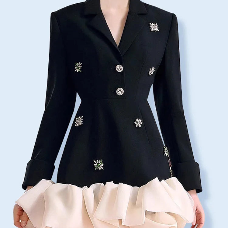 TWOTWINSTYLE Colorblock Patchwork Diamonds Elegant Dresses For Women V Neck Long Sleeve High Waist Spliced Organza Dress Female BLACK