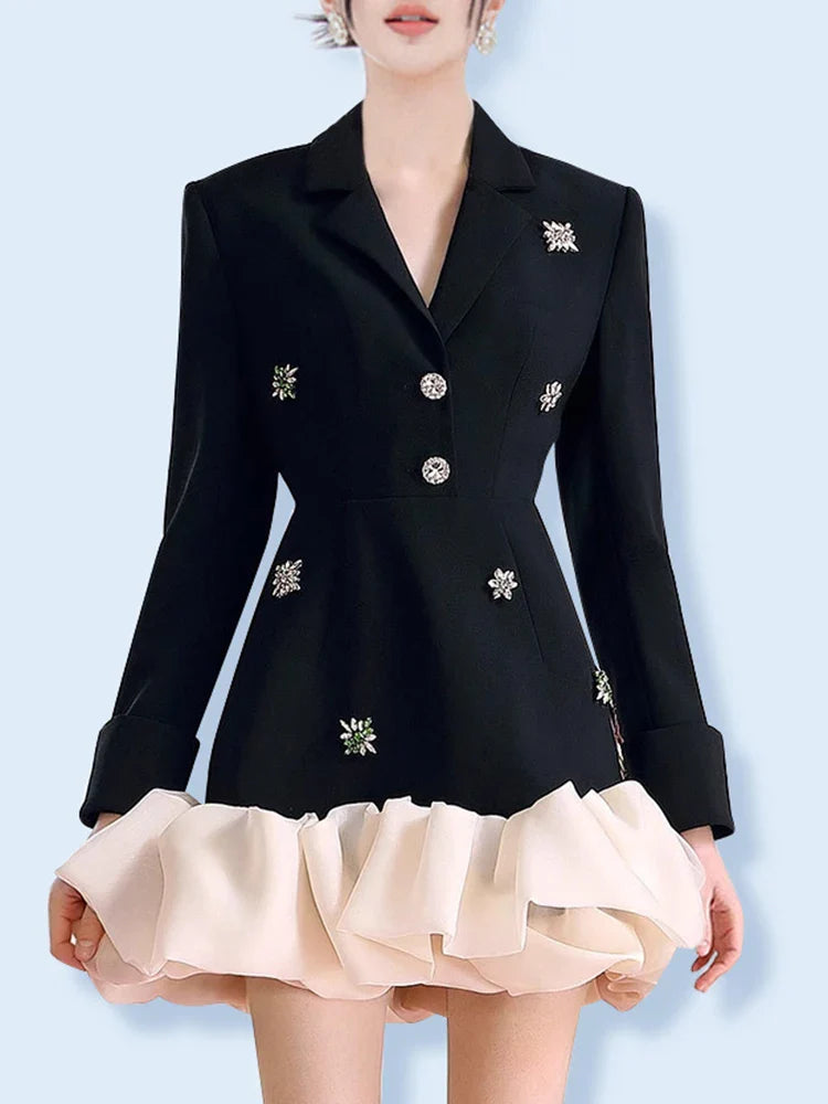 TWOTWINSTYLE Colorblock Patchwork Diamonds Elegant Dresses For Women V Neck Long Sleeve High Waist Spliced Organza Dress Female BLACK