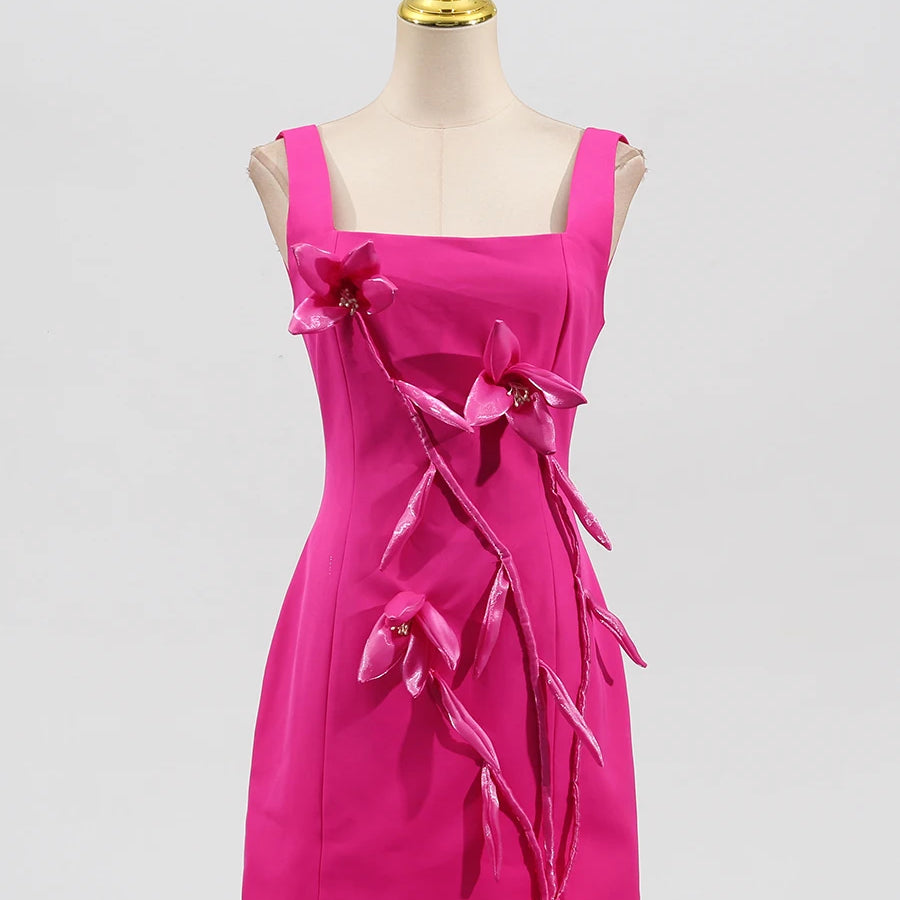 TWOTWINSTYLE Rose Slimming Spliced 3D Flower Mini Elegant Dresses for Women Square Neck Sleeveless Dress Female Fashion Clothing