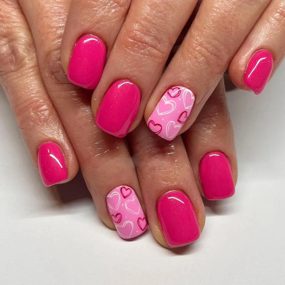 24Pcs French Pink Press on Nails Short Square Head Fake Nails with Flower Rhinestone Design Wearable Finished False Nail Tips