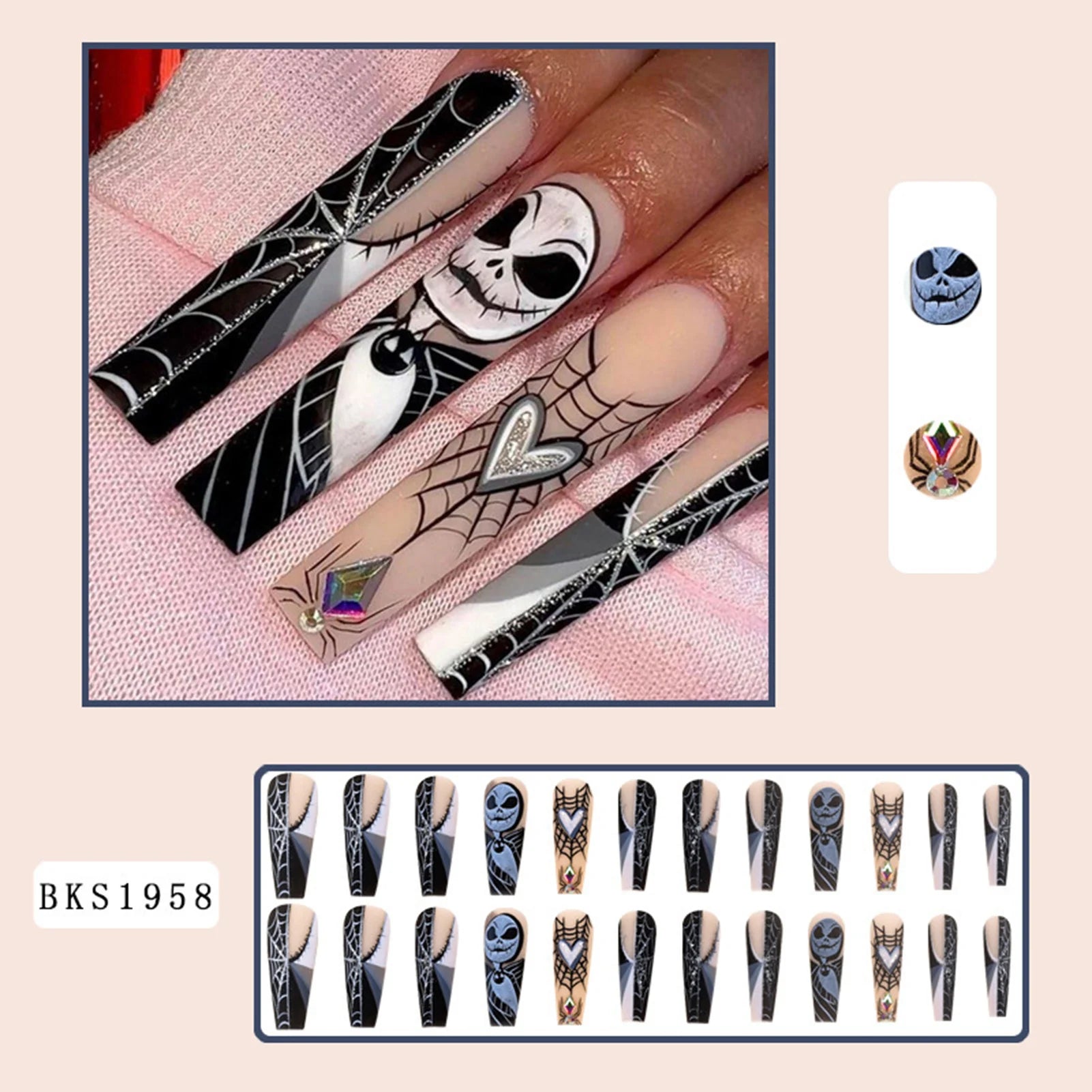 24pcs Scary Blood Skull Fake Nails Long Coffin Ballet Halloween Spider Web Print False Nails Wearable European Press on Nails