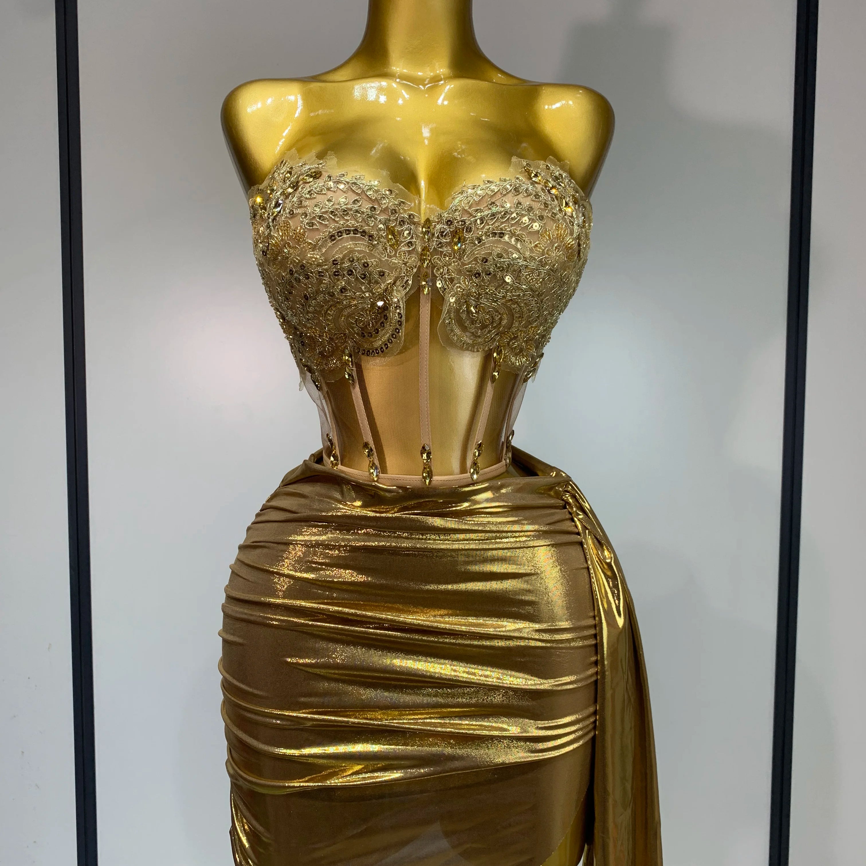 Women Birthday Party Rhinestones Tassels Transparent Short Dress Dance Show 2025 Sexy Fashion Gold Sparkly Stage Costume