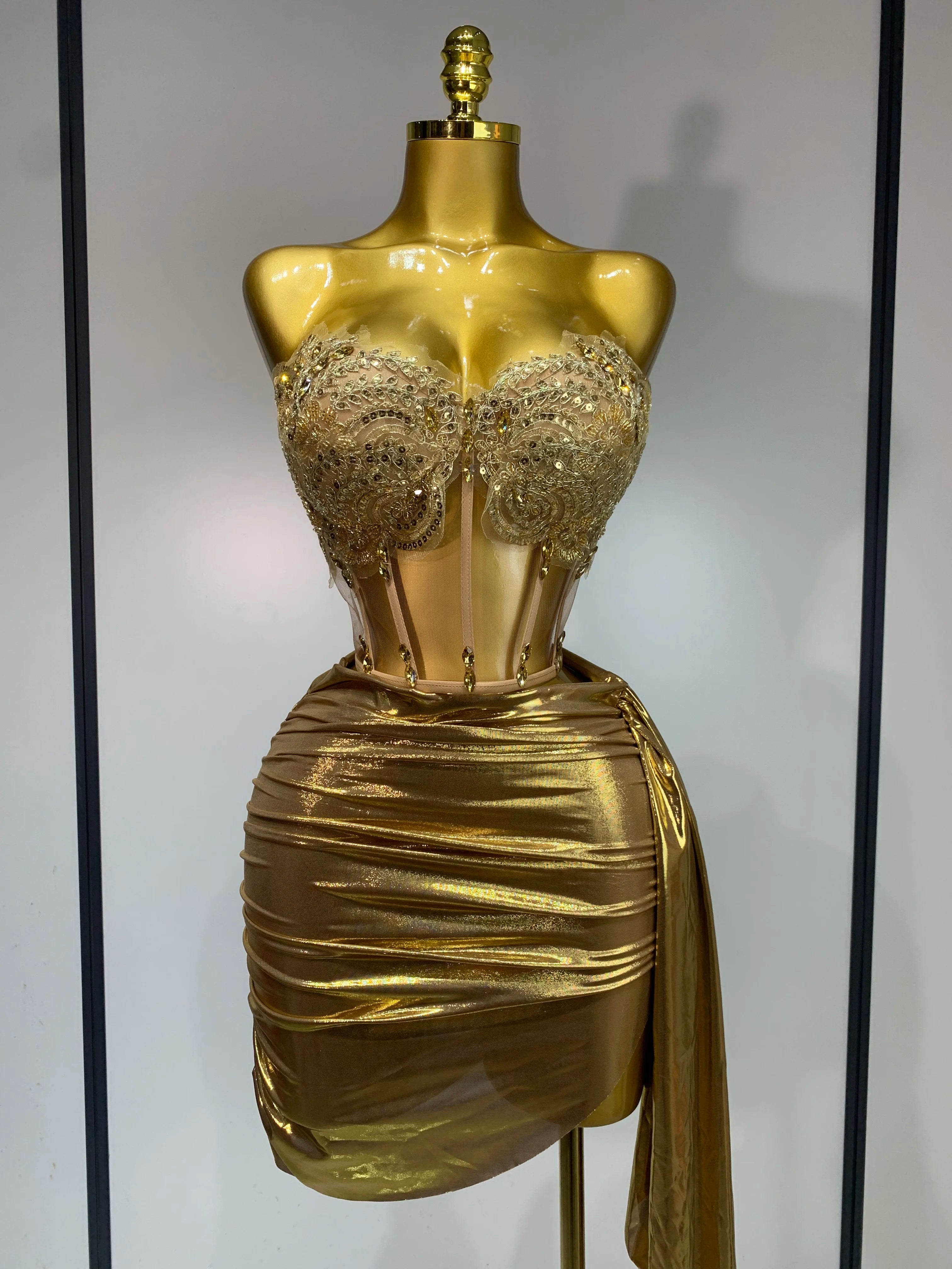 Women Birthday Party Rhinestones Tassels Transparent Short Dress Dance Show 2025 Sexy Fashion Gold Sparkly Stage Costume