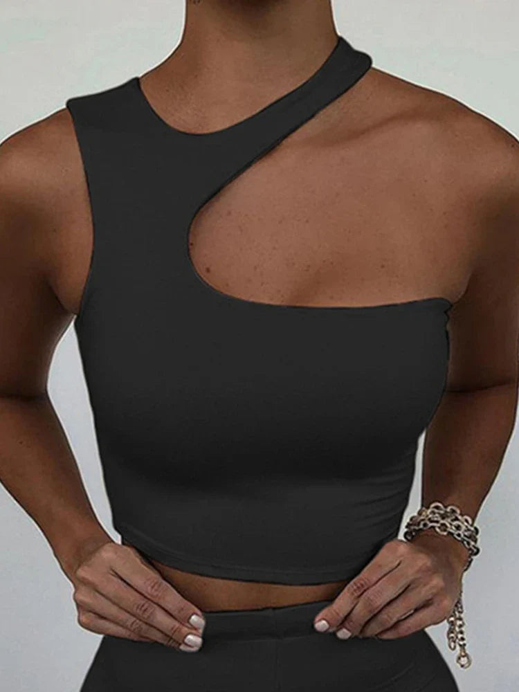 Cut Out Sexy Crop Off Shoulder Solid Skinny Sport Short Tops Women Tank Irregular Summer Tube Tops black