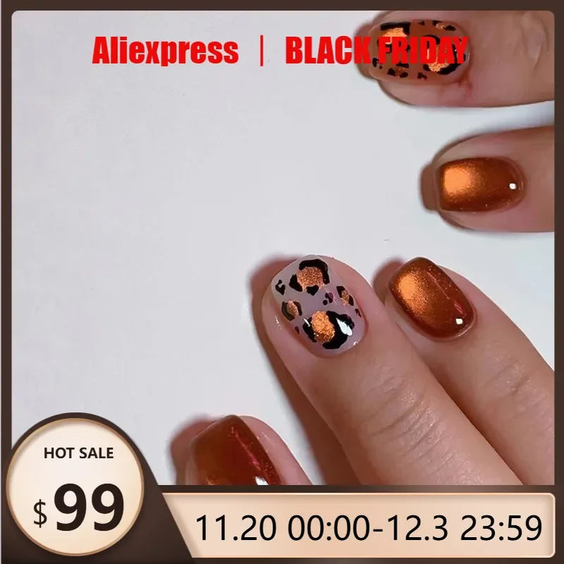 24-Piece Orange Cat Eye Press-On Nails with Short Square Full Cover and Leopard Design - Trendy Fake Nails for Women & Girls