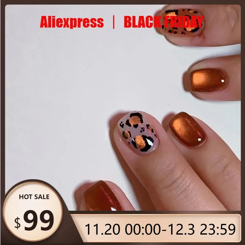 24-Piece Orange Cat Eye Press-On Nails with Short Square Full Cover and Leopard Design - Trendy Fake Nails for Women & Girls