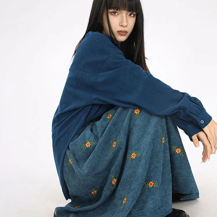 Korean Style High Waist Corduroy Embroidery Long Skirt Women Autumn Winter Loose Floral A-line Skirt Casual Retro Skirt Elegant
