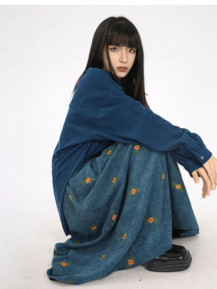 Korean Style High Waist Corduroy Embroidery Long Skirt Women Autumn Winter Loose Floral A-line Skirt Casual Retro Skirt Elegant