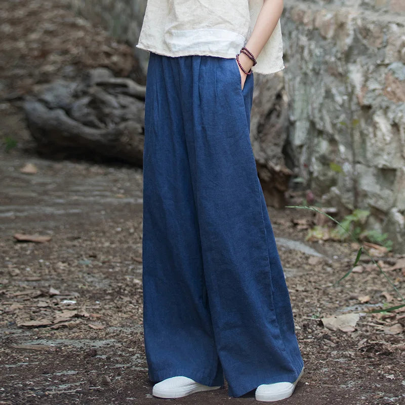 Vintage Casual Cotton Linen Female Pants Spring Summer Korean Style Elastic Waist Solid Women Long Straight Wide Leg Pants dark blue One Size