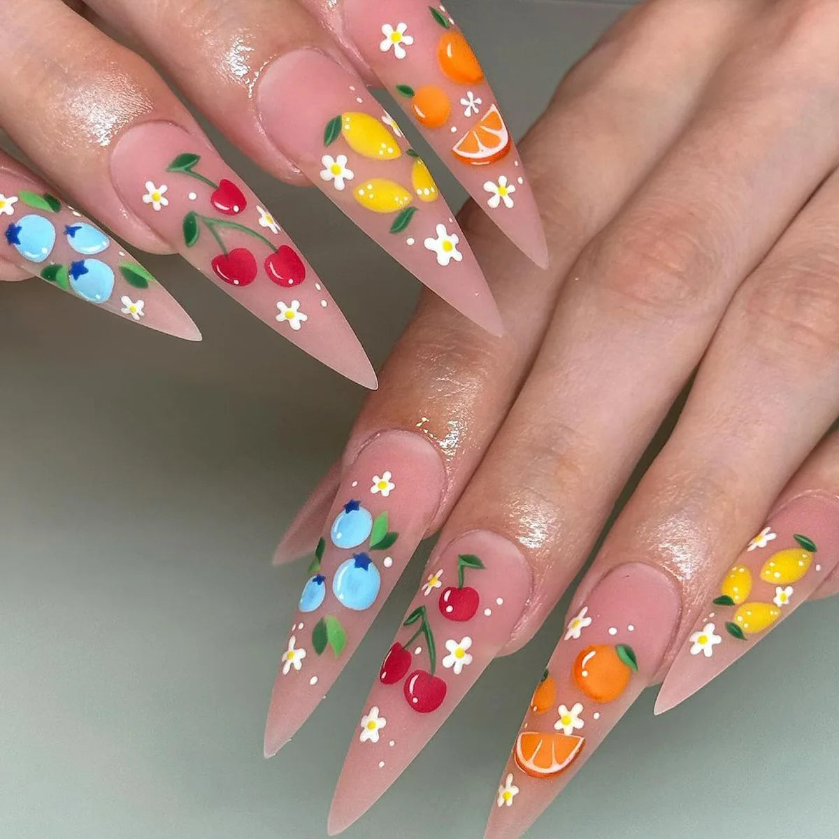 24pcs Pink Frosted Sweet False Nails Colorful Fruit Printed Long Stiletto Press On Nails Full Cover Charming Dopamine Fake Nail