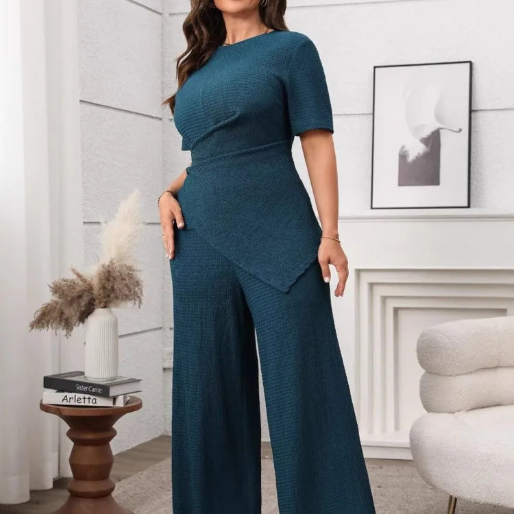 Plus Size Summer 2 Two Piece Set Women Irregular Slim Waist Fashion Ladies Blouses Wide Leg Loose Pleated Woman Long Pants