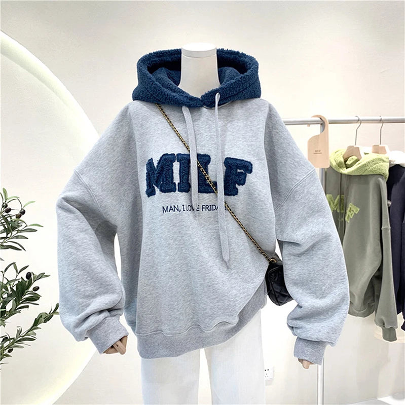 Fashion Patchwork Oversize Sweatshirt Women Winter Casual Loose Cotton Thick Letter Long Sleeve Hoodies Female Streetwear Light grey