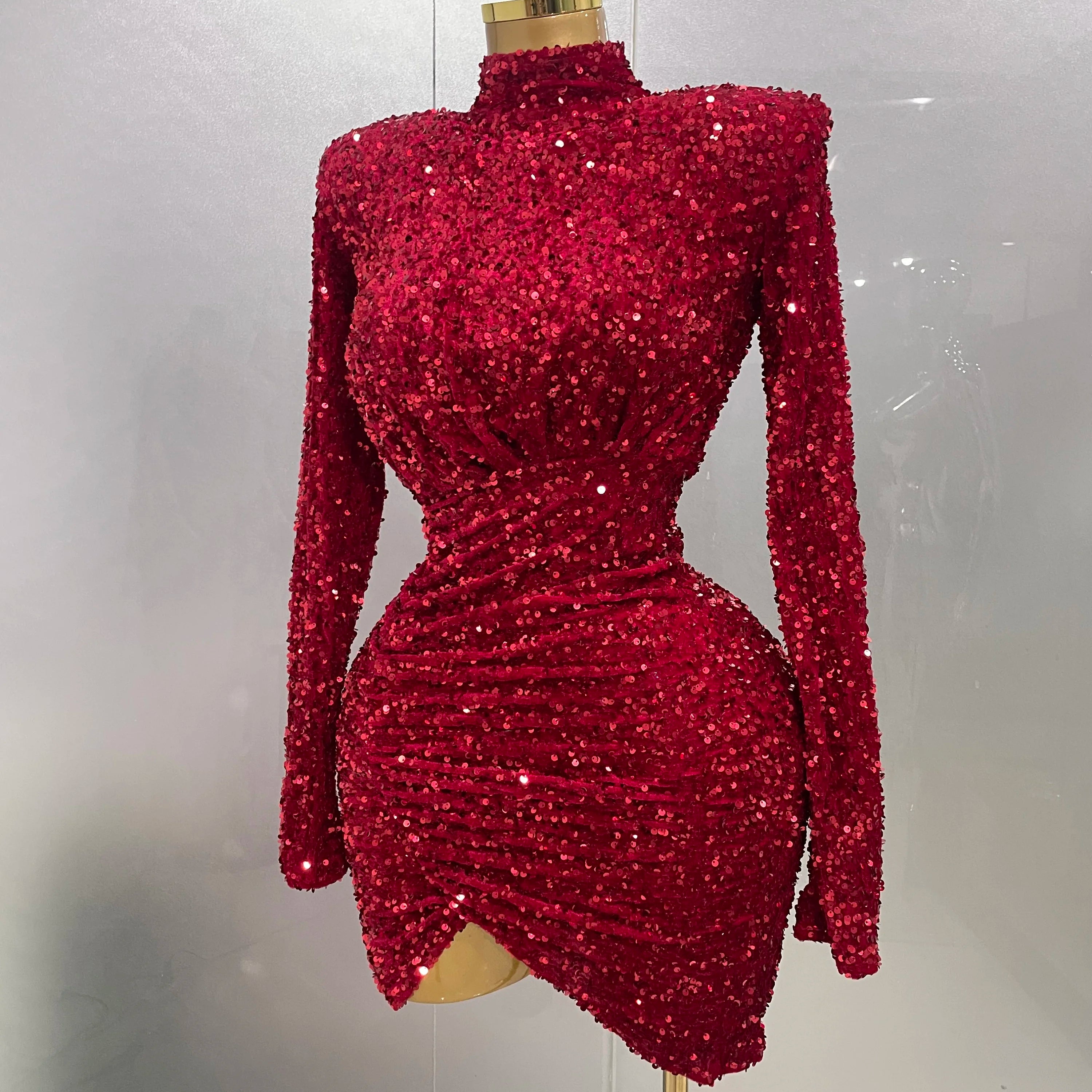 Sexy Sparkly Red Sequins Long Sleeve Short Dress 2025 New Women Evening Celebrate Birthday Party Club Performance Stage Costume