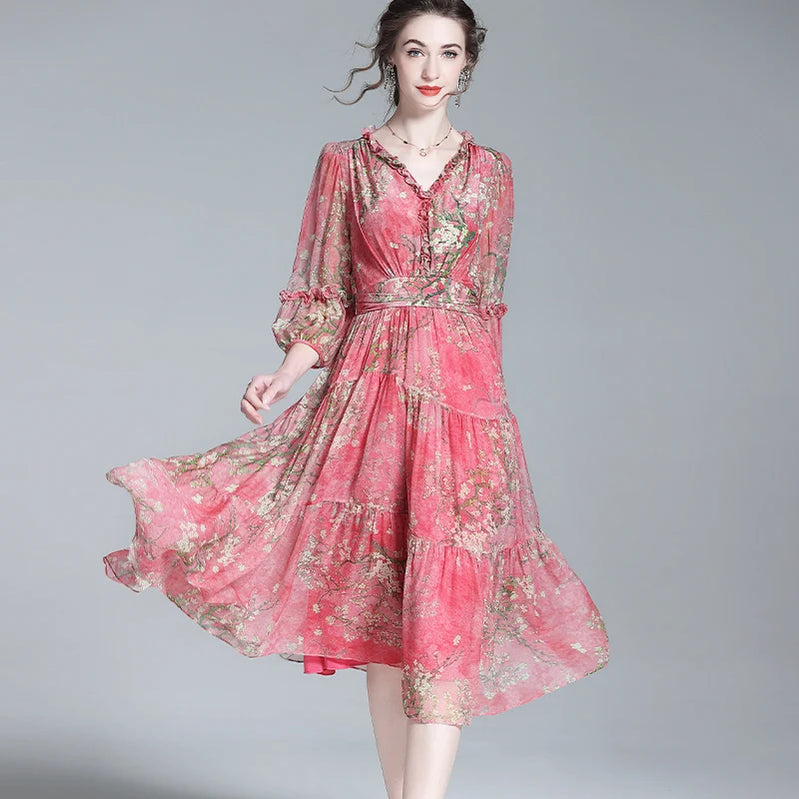 EVNISI Summer Women Boho Chiffon Dress V-Neck Red Elegant Office Floral Printing A-line Dresses Chic For Women Party Vestido