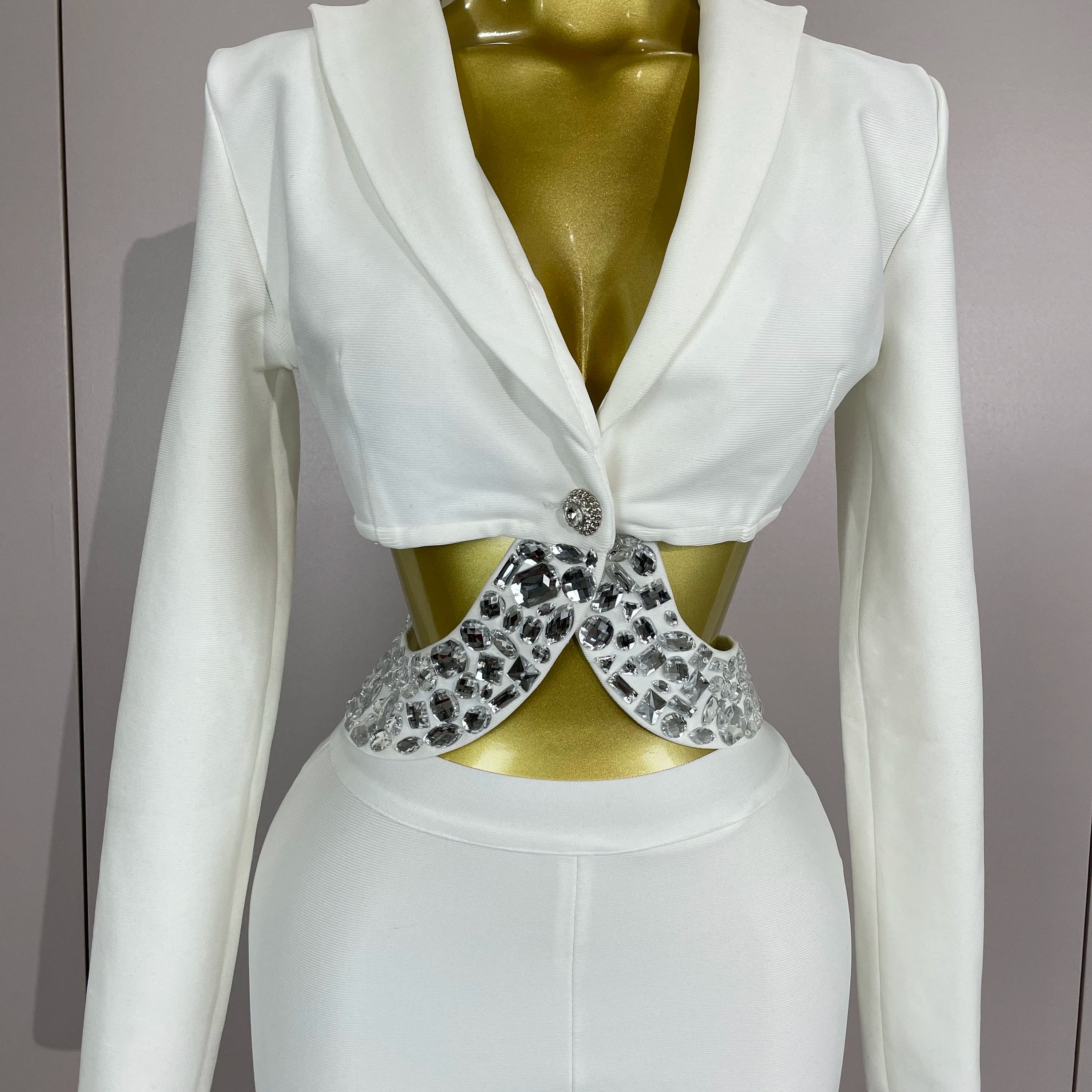 Sexy Cut Out Long Sleeve Beading Bodycon Two Pieces Pants Bandage Set Women Celebrity Designer Fashion Women Luxury Birthday Set