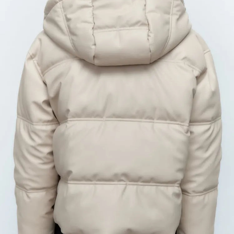 Women's Autumn Winter New Thickened Warm PU Imitation Leather Short Hooded Padded Jacket Top Faux Leather Parka Jacket Coat