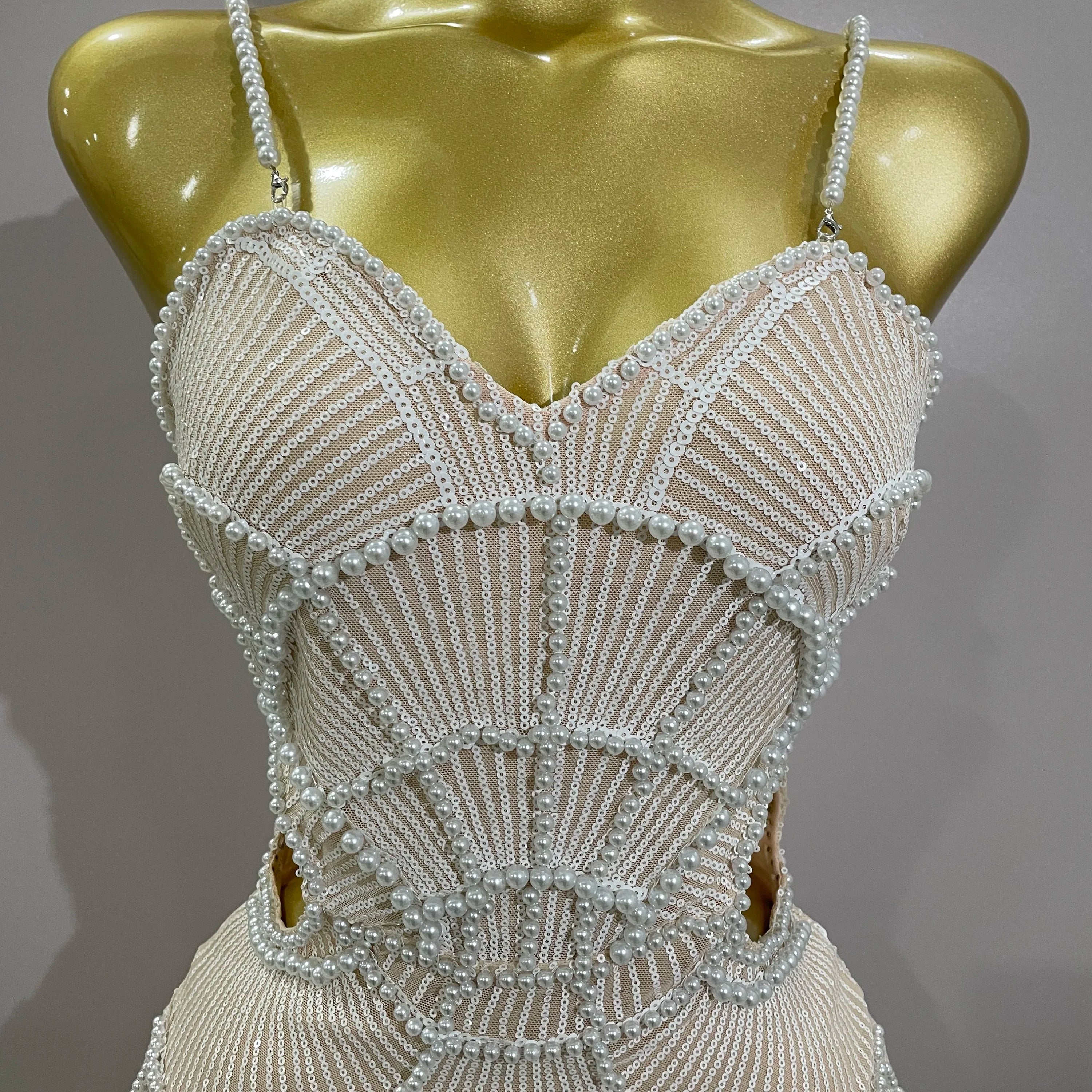 Women Hot Sale Sleeveless Sexy Strap Pearl Beading Sequins Bodycon Long Dress Celebrate Evening Party Birthday Outfit Vestido