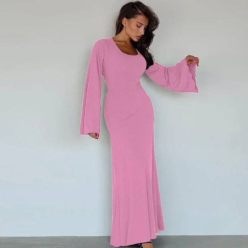 Tossy Scoop Neck Lace-Up Ribbed Maxi Dress Female Long Sleeve Fashion Slim Loose Bandage Dress Autumn 2024 Solid Women Dress New Pink
