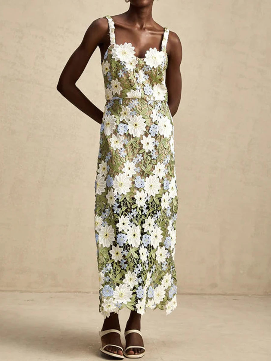 TWOTWINSTYLE Colorblock Slimming Fashion Midi Dresses for Women Square Neck Sleeveless Patchwork Applique Dress Female Clothing