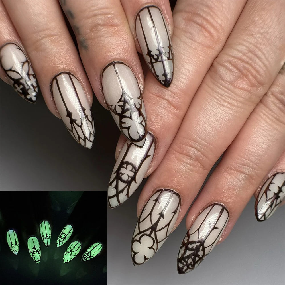 Black Cool Fake Nails Halloween Bat Press on Nails Almond Decorated Nail Tips Rivet Bow False Nails 24pcs Reusable Acrylic Nails